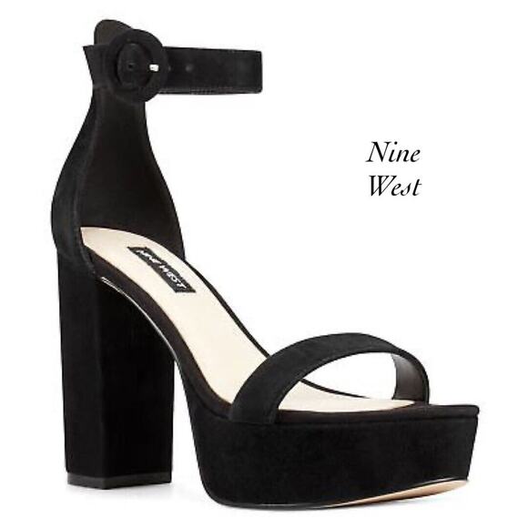 Nine West Rebeka Black Suede Platform Ankle Strap Heels NIB Size 11 - Picture 1 of 9